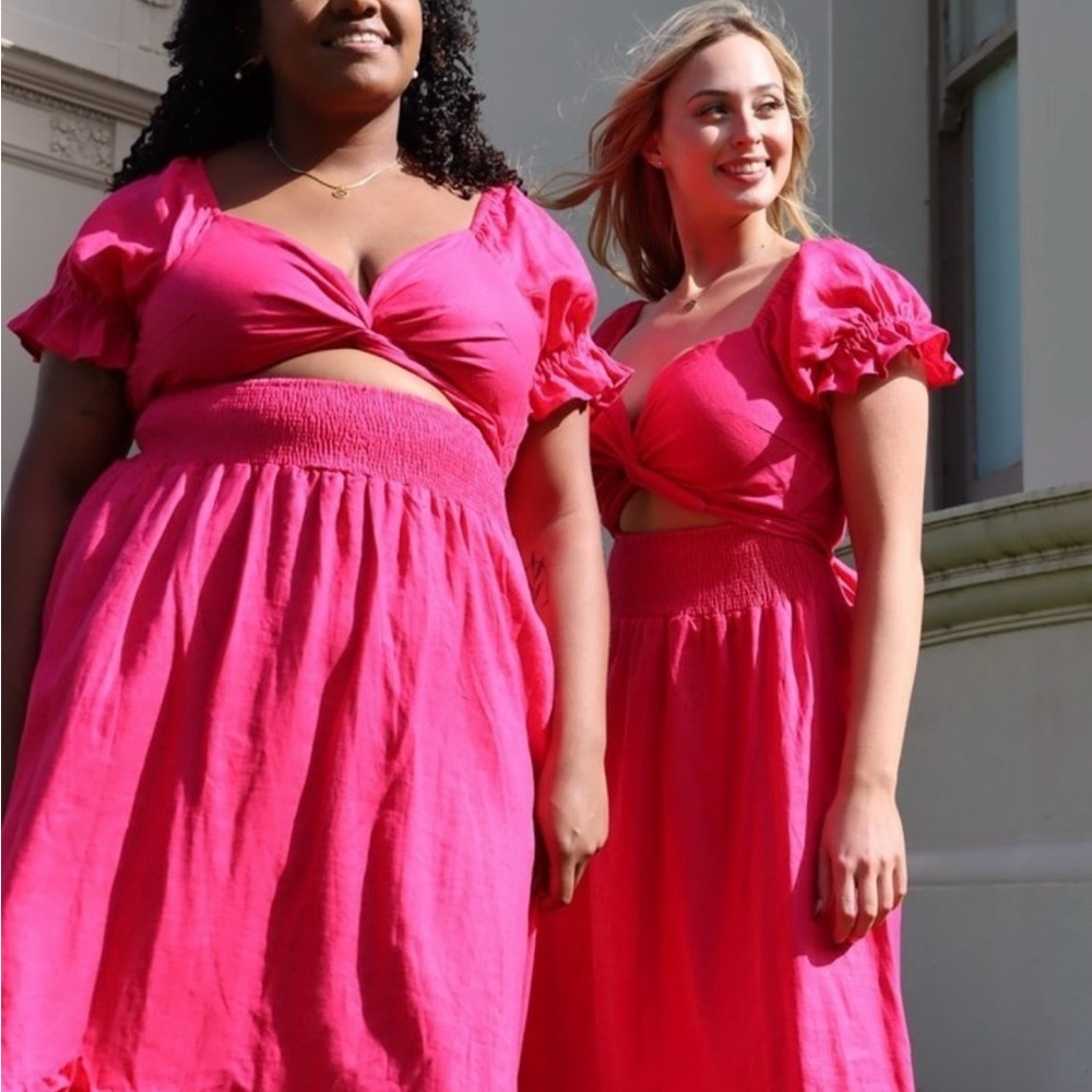 NWT Aulieude Hot Pink Reversible Marianne Cutout/Wrap/Shirred Dress - Picture 5 of 16